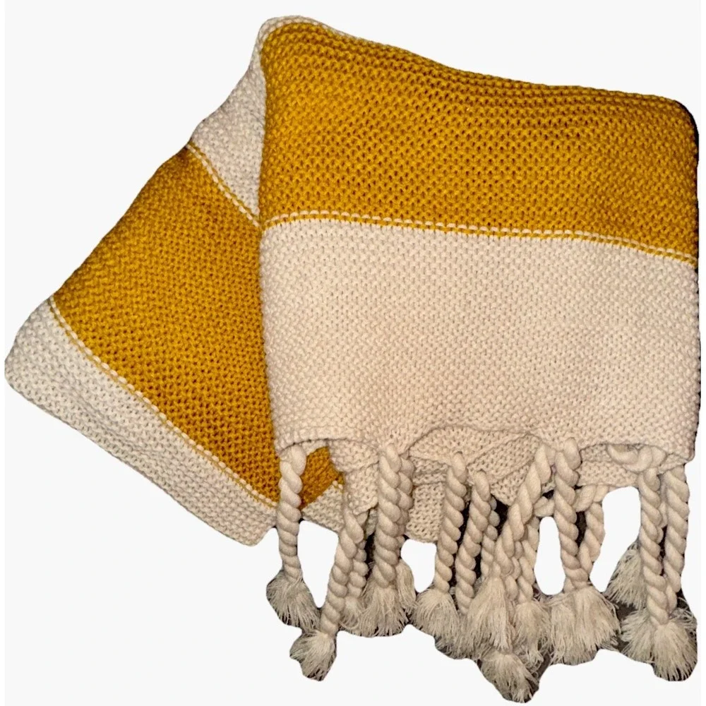 Knit Throw Blanket Boho Tassels Hotel Vendome Cream Gold Cozy Warm Soft  64 X 60